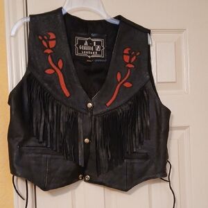 Leather Black Fringe Vest with Red Rose Appliqué